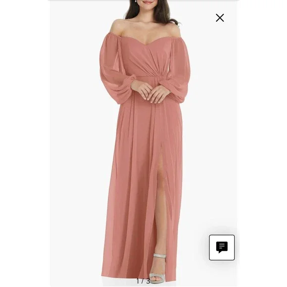 Dessy Collection Women's Off-the-Shoulder Puff Sleeve Maxi Dress with Front Slit, 18